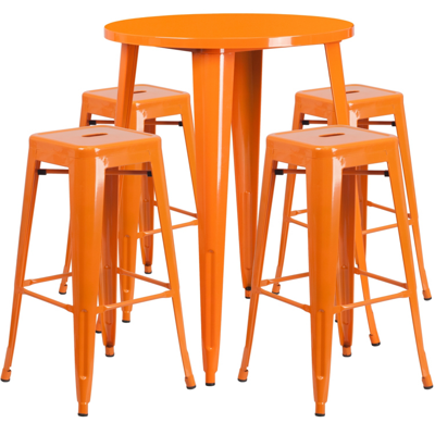 Shop Flash Furniture 30'' Round Orange Metal Indoor-outdoor Bar Table Set With 4 Square Seat Backless Stools
