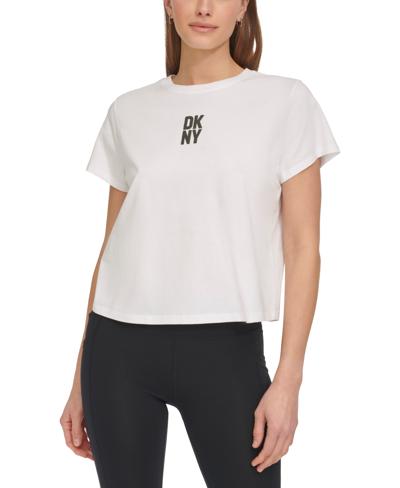 Shop Dkny Sport Women's Cotton Crewneck Puff-logo Cropped T-shirt In White