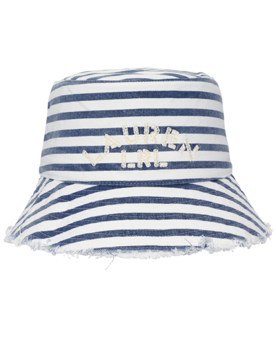 Shop Lauren Ralph Lauren Cotton Bucket Hat With Frayed Edge In Natural,navy Stripes