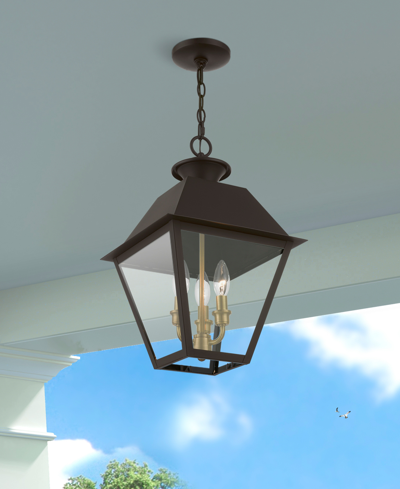 Livex Wentworth 3 Light Outdoor Large Pendant Lantern In Bronze With Antique Brass