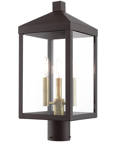 Livex Nyack 3 Light Outdoor Post Top Lantern In Bronze With Antique Brass