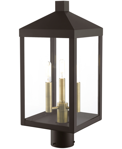 Livex Nyack 3 Light Outdoor Post Top Lantern In Bronze With Antique Brass