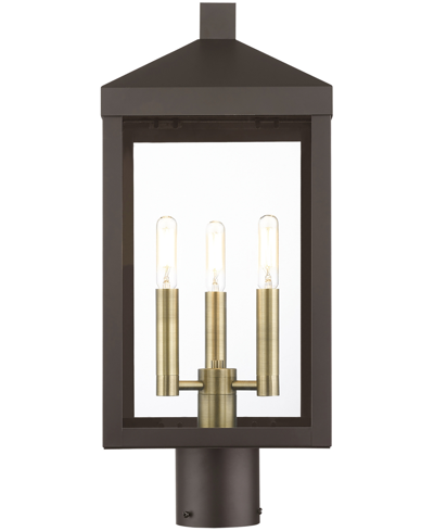 Livex Nyack 3 Light Outdoor Post Top Lantern In Bronze With Antique Brass