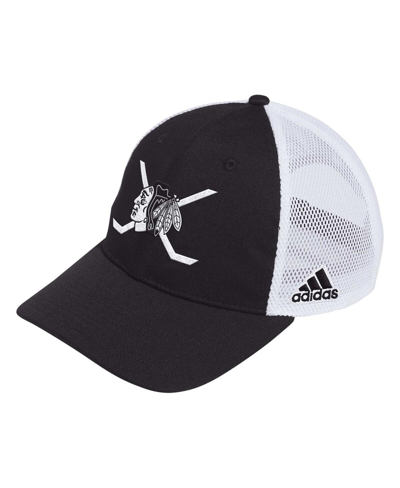 Shop Adidas Originals Men's Adidas Black, White Chicago Blackhawks Cross Sticks Trucker Adjustable Hat In Black,white