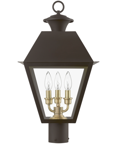 Livex Wentworth 3 Light Outdoor Large Post Top Lantern In Bronze With Antique Brass