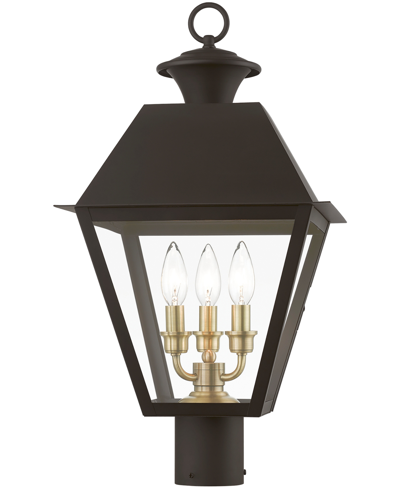 Livex Wentworth 3 Light Outdoor Large Post Top Lantern In Bronze With Antique Brass