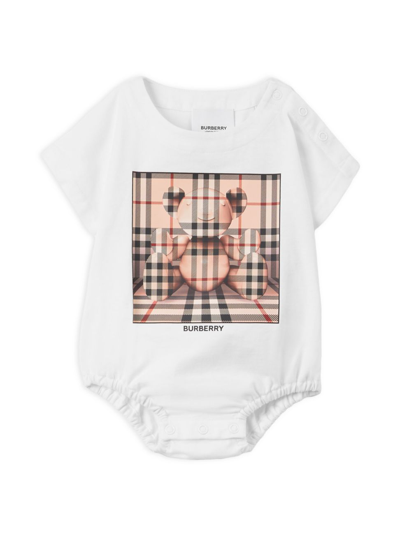Shop Burberry Baby's Dolby Box Bear Check Bodysuit In White Alabaster
