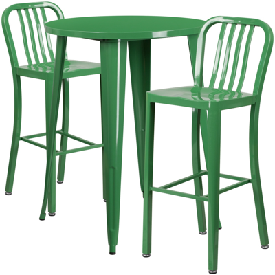 Shop Flash Furniture 30'' Round Green Metal Indoor-outdoor Bar Table Set With 2 Vertical Slat Back Stools