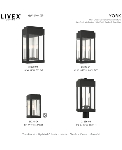Livex York 2 Light Outdoor Wall Lantern In Black With Brushed Nickel