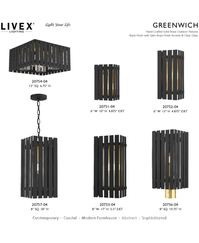Livex Greenwick 4 Light Outdoor Ceiling Mount In Black With Satin Brass