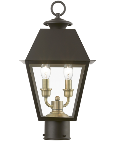 Livex Wentworth 2 Light Outdoor Medium Post Top Lantern In Bronze With Antique Brass
