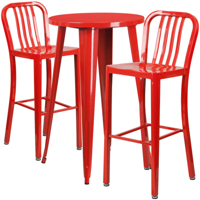 Shop Flash Furniture 24'' Round Red Metal Indoor-outdoor Bar Table Set With 2 Vertical Slat Back Stools