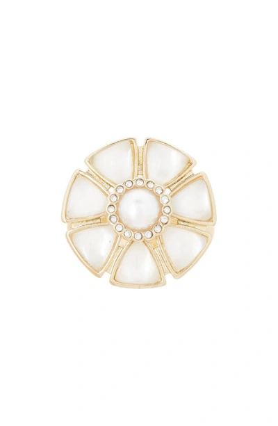Shop Covet Imitation Pearl & Cz Flower Cocktail Ring In Gold/ White