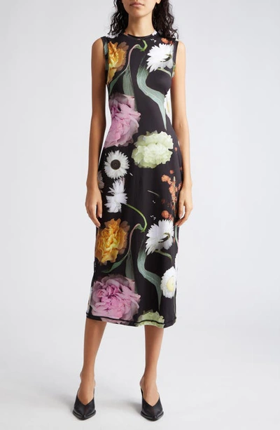 Shop Stine Goya Danya Floral Semisheer Sleeveless Midi Dress In Scanned Foliage