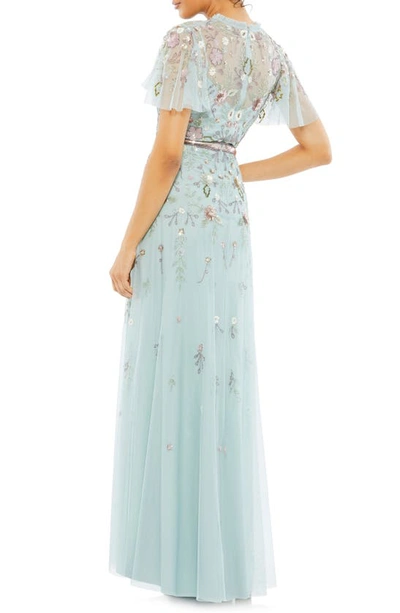 Shop Mac Duggal Floral Embellished Flutter Sleeve Tulle Gown In Mint Multi