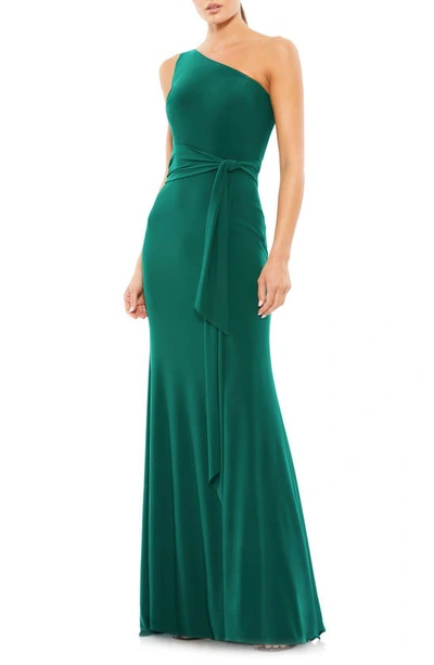 Shop Mac Duggal One-shoulder Jersey Gown In Emerald