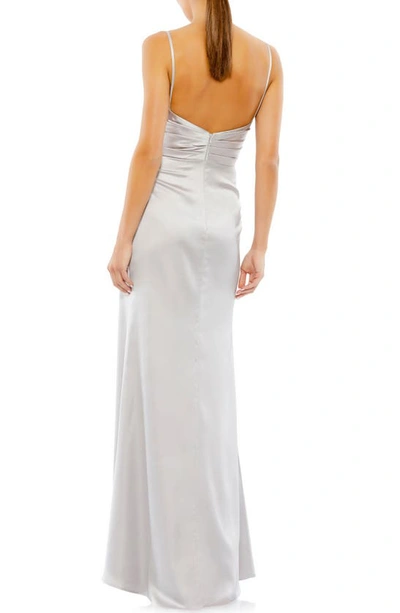 Shop Mac Duggal Ruched Satin A-line Gown In Platinum