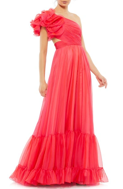Mac Duggal Ruffle Tiered Color Block Cut Out Lace Up Chiffon Gown In Multi