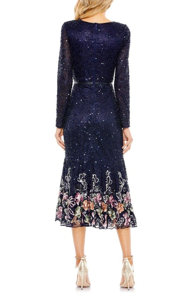 Shop Mac Duggal Floral Embellished Long Sleeve Midi Cocktail Dress In Midnight