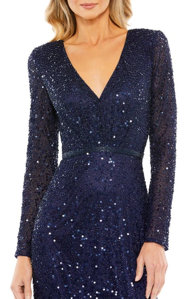 Shop Mac Duggal Floral Embellished Long Sleeve Midi Cocktail Dress In Midnight
