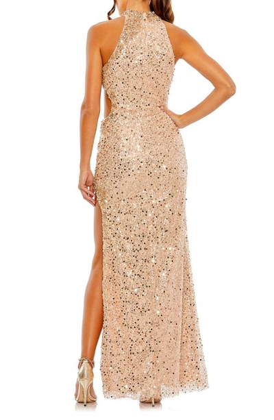 Shop Mac Duggal Sequin Beaded Side Cutout Gown In Rose Gold