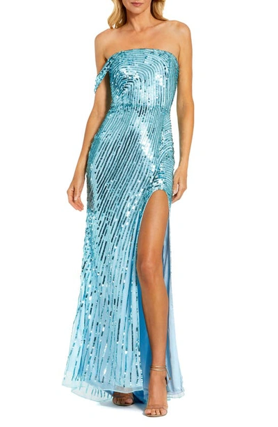 Shop Mac Duggal One-shoulder Sequin Mesh Gown In Aqua