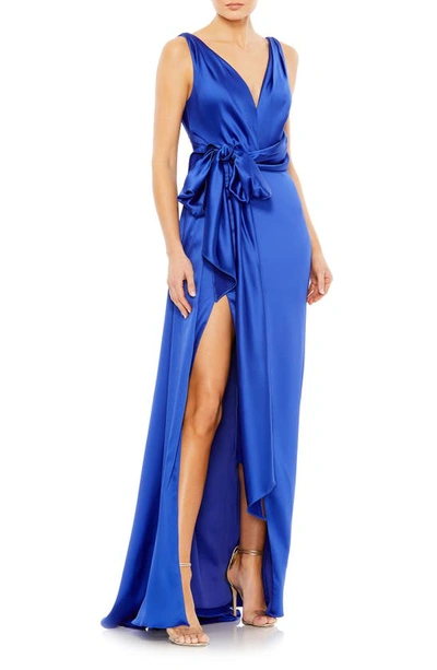 Shop Mac Duggal Tie Bow Satin A-line Gown In Royal