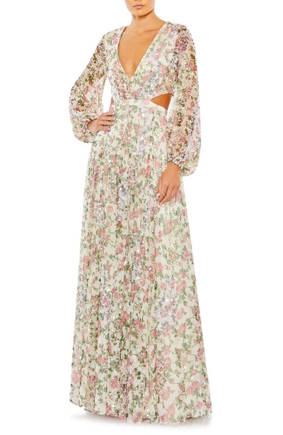 Shop Mac Duggal Floral Sequin Long Sleeve Lace-up Back Mesh Gown In Ivory White Multi