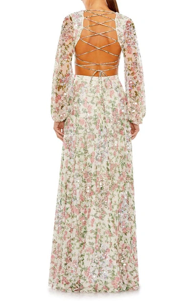 Mac Duggal Floral Sequin Long Sleeve Lace-up Back Mesh Gown In Ivory White Multi