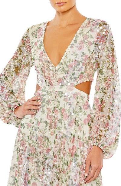 Mac Duggal Floral Sequin Long Sleeve Lace-up Back Mesh Gown In Ivory White Multi