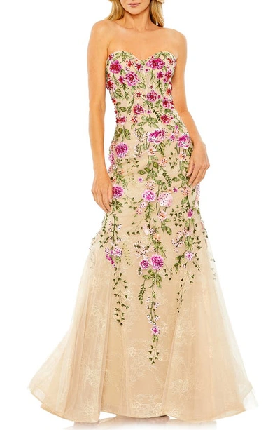 Shop Mac Duggal Floral Embroidered Strapless Mermaid Gown In Pink Multi