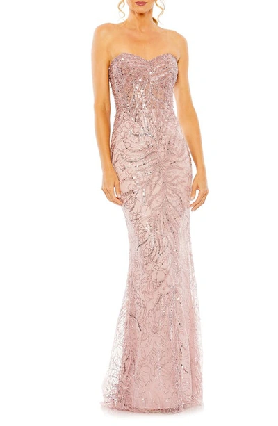 Shop Mac Duggal Strapless Embellished Sequin Column Gown In Blush