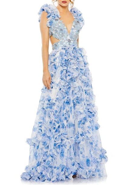 Shop Mac Duggal Floral Ruffle Beaded A-line Gown In Blue
