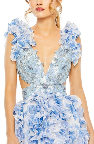 Shop Mac Duggal Floral Ruffle Beaded A-line Gown In Blue