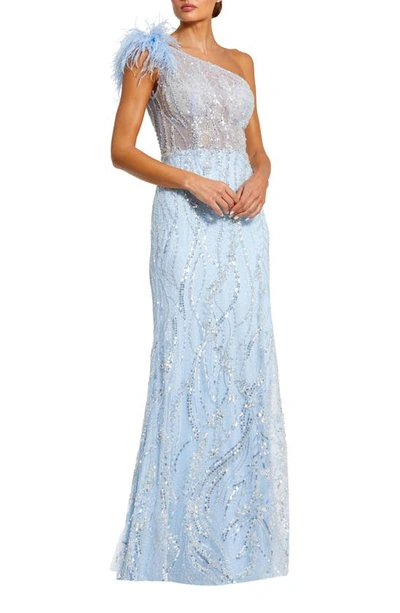 Shop Mac Duggal Feather One-shoulder Embroidered Gown In Powder Blue