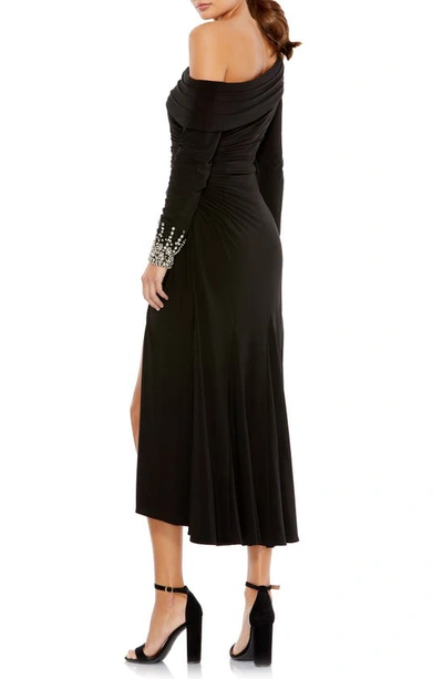 Shop Mac Duggal One-shoulder Long Sleeve Midi Dress In Black