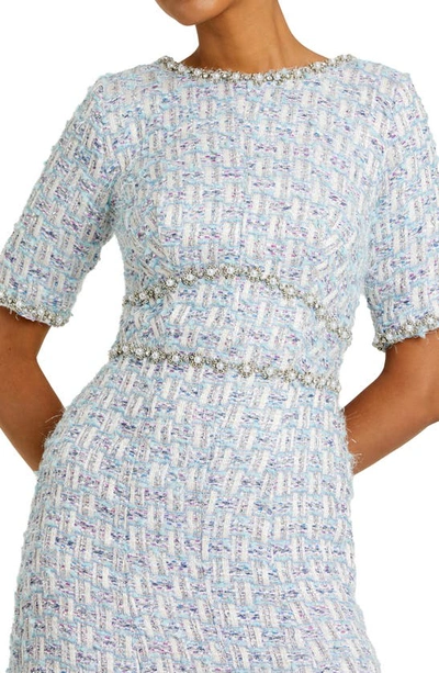 Shop Mac Duggal Beaded Short Sleeve Tweed Midi Dress In Blue Multi
