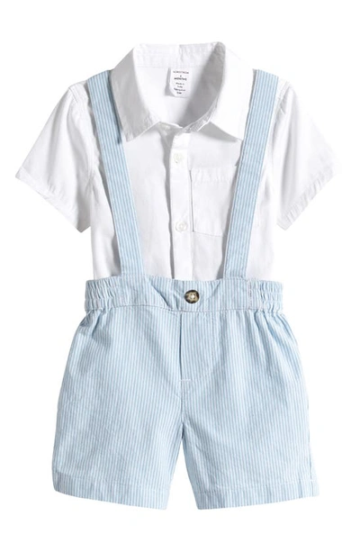 Shop Nordstrom Short Sleeve Cotton Button-up Bodysuit & Stripe Shortalls Set In Blue Basalt Rupert Stripe