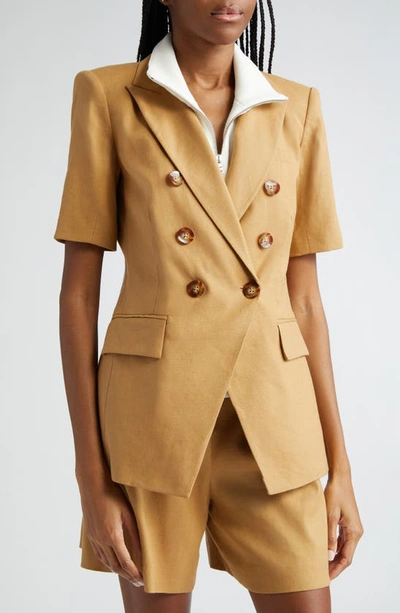 Shop Veronica Beard Atwood Short Sleeve Linen Blend Dickey Jacket In Desert Khaki