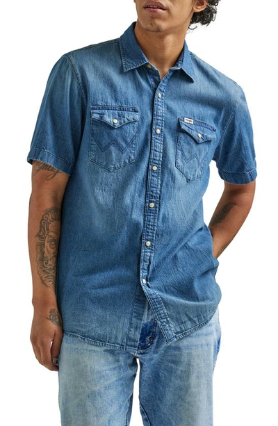 Shop Wrangler Western Short Sleeve Snap Front Denim Shirt In Light Wash