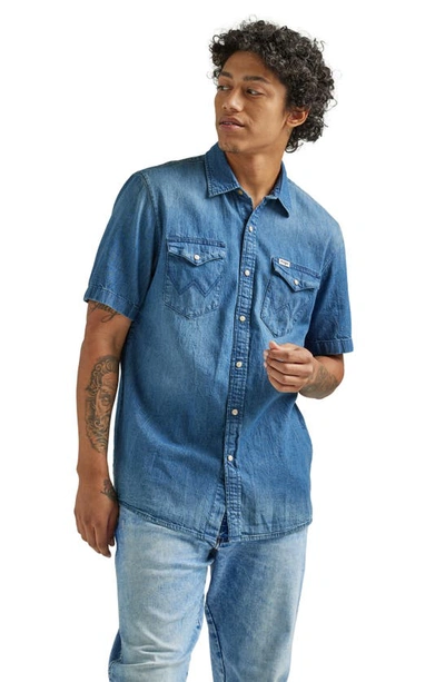 Shop Wrangler Western Short Sleeve Snap Front Denim Shirt In Light Wash