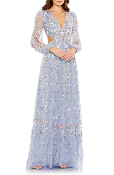 Shop Mac Duggal Embroidered Long Illusion Sleeve Sheath Gown In Periwinkle