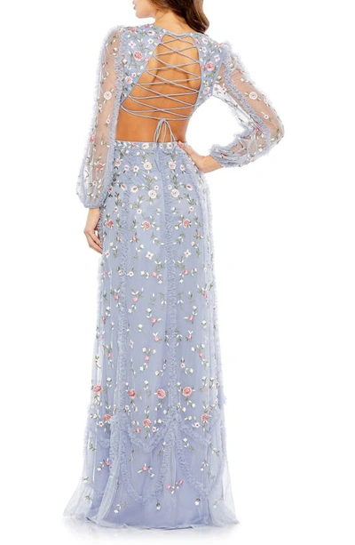 Shop Mac Duggal Embroidered Long Illusion Sleeve Sheath Gown In Periwinkle