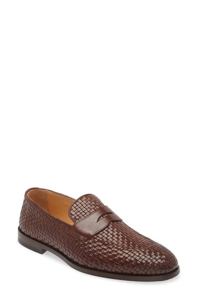 Shop Brunello Cucinelli Woven Leather Penny Loafer In Medium Brown