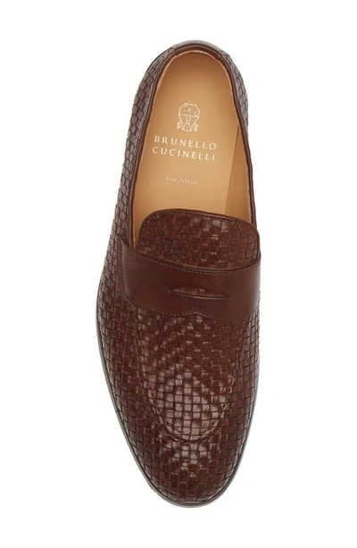 Shop Brunello Cucinelli Woven Leather Penny Loafer In Medium Brown