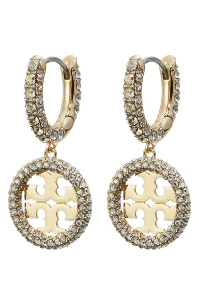 Shop Tory Burch Miller Pavé Crystal Logo Drop Huggie Hoop Earrings In Tory Gold / Crystal