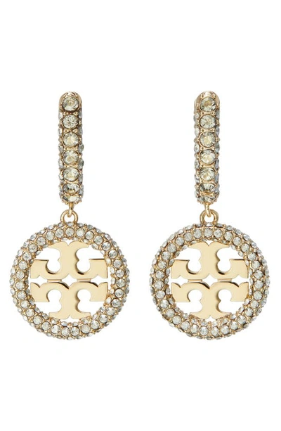 Shop Tory Burch Miller Pavé Crystal Logo Drop Huggie Hoop Earrings In Tory Gold / Crystal