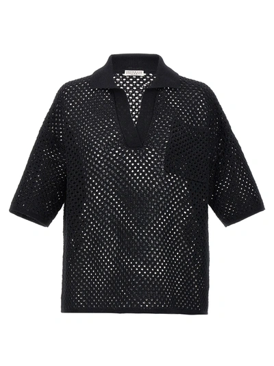 Shop Brunello Cucinelli Openwork Fabric  Shirt Polo Black
