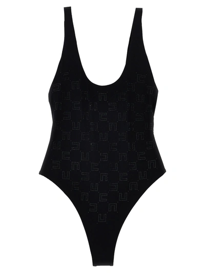 Shop Elisabetta Franchi Rhinestone Logo One-piece Swimsuit Beachwear Black