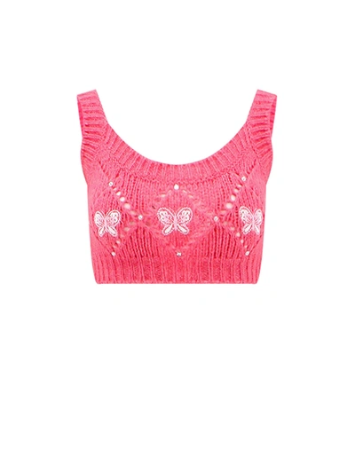 Shop Alessandra Rich Wool Blend Top With Butterfly Embroideries